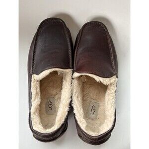UGG ASCOT Mens Dark Brown Leather Lined Slippers Size 12